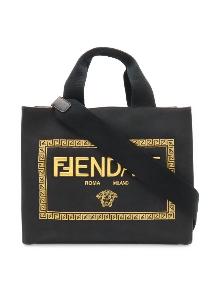 Fendi Fendace Collaboration Tote 2-Way Shoulder Bag Canvas Black Gold